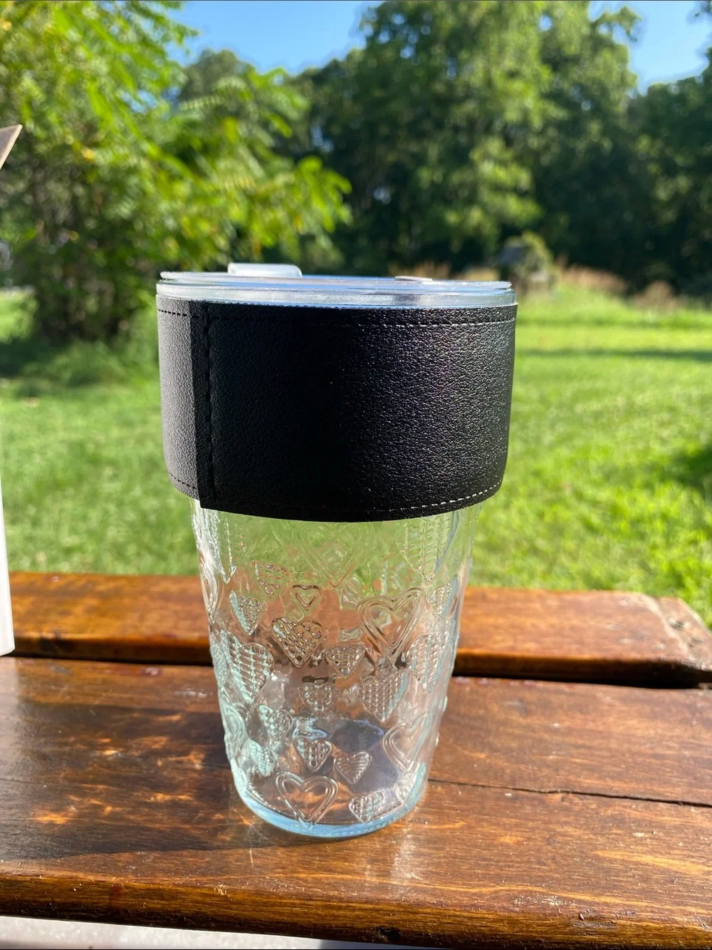 Giant Goods Heart-Embossed Glass Travel Tumbler Faux-Leather Insulating Sleeve